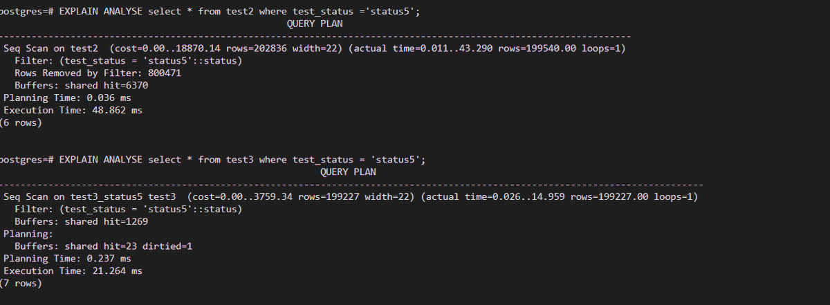 EXPLAIN ANALYZE output for the same status5 query on the normal and partitioned tables.