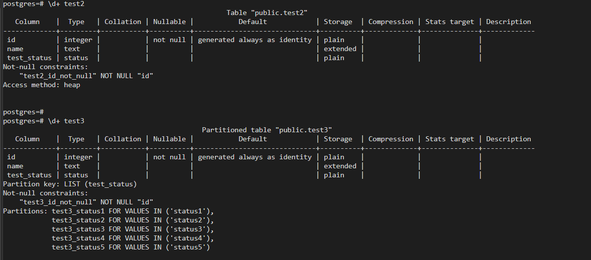 The structures of test2 and test3 in psql. test3 is partitioned by test_status into five list partitions.